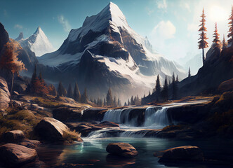 Natural panorama showcases a majestic mountain surrounded by a lush forest. A lively waterfall cascades from the mountain edge, threading its way through the green trees