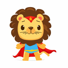 Cute little happy lion superhero - flat vector art - isolated on white background
