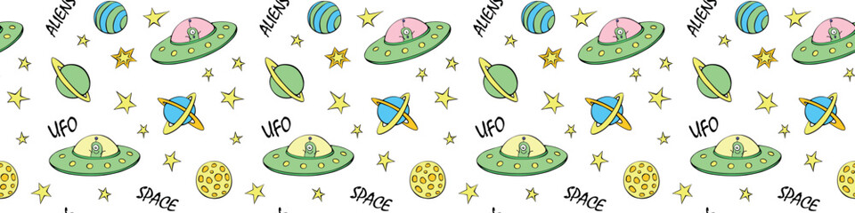 Vector color seamless childish pattern with cute aliens, space doodles, lettering, Flying Saucers, UFO. For kids design, wrapping, wallpaper, textile, apparel