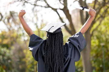 Back, celebration and black woman outdoor, graduation and diploma with success, certificate and...