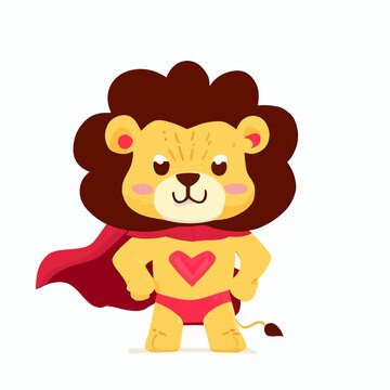 Cute little happy lion superhero - flat vector art - isolated on white background
