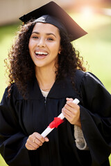 University student, woman portrait and college degree with school achievement outdoor with smile....