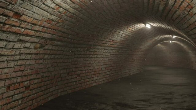 Dark 3d tunnel seamless looping. 4K animation of underground tunnel bunker bomb shelter