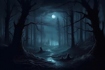 Mystical spooky forest at night with full moon. Halloween background