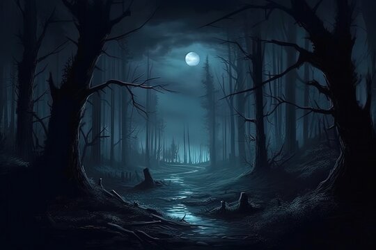 Mystical spooky forest at night with full moon. Halloween background