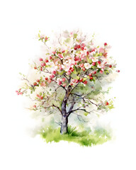 Watercolour Spring blooming tree isolated on white background