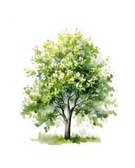 Watercolour Tree with Spring blooming isolated on white background