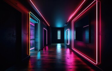 Fototapeta na wymiar Neon Road with Beams of Light in Dark Azure and Pink. Perfect for Posters. Generative AI