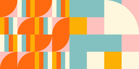 Modern vector abstract  geometric background with circles, rectangles and squares  in retro scandinavian style. Pastel colored simple shapes graphic pattern. Abstract mosaic artwork.
