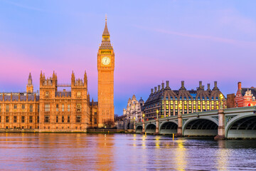 Fototapeta na wymiar London, United Kingdom. The Palace of Westminster, Big Ben, and Westminster Bridge at sunrise.