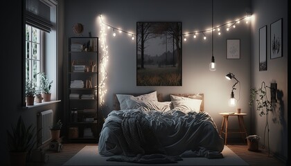 Scandinavian interior style intimate bedroom at night with beautiful strings of light. Generative AI