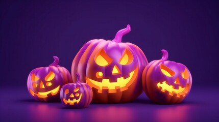 Set of scary and spooky cute face halloween pumpkins with glow light inside in night light. Horizontal poster , banner/ Generative ai