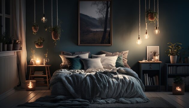 Scandinavian interior style intimate bedroom at night with beautiful strings of light. Generative AI
