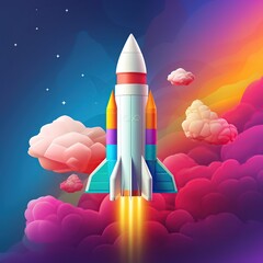3D rocket in space. Shuttle launch 3D rocket in space and clouds.  Business startup and business growth concept with place for text, banner template, ai generate