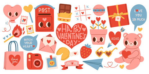 Cute set of romantic elements for Valentines day. Vector illustrations for valentines day, stickers, greeting cards