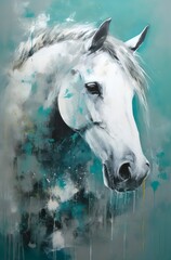 Artistic portrait of a white horse, abstract oil painting. Generative AI.