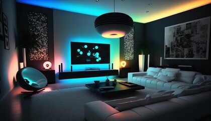 Modern living room illuminated with rgb LED lights. Generative AI