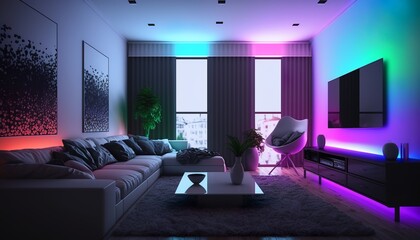 Modern living room illuminated with rgb LED lights. Generative AI