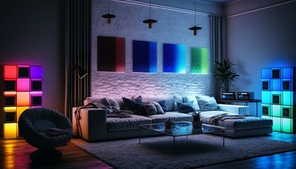 Modern living room illuminated with rgb LED lights. Generative AI
