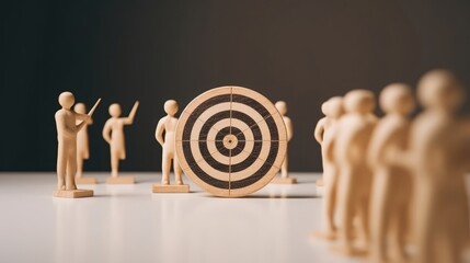 target and goal concept, Wooden figures standing around dartboard and arrow for creative and set up business objective target goal, marketing solution, target for business, Generative AI - obrazy, fototapety, plakaty
