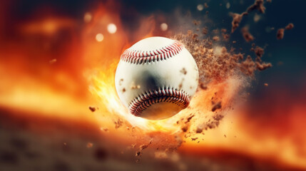 Baseball flies in smoke and fire created with generative AI technology