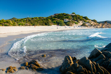 Aerial view of the beach of Time Ama, Villasimius, Sardinia, Italy
