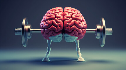 The concept of improving memory, concentration, performance. Human brain with barbell created with generative AI technology - obrazy, fototapety, plakaty