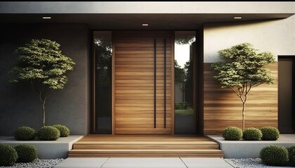 Modern luxury house front door with metal handle, big glass side panels and potted plant. Generative AI - obrazy, fototapety, plakaty