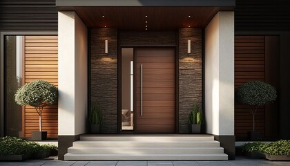 Modern luxury house front door with metal handle, big glass side panels and potted plant. Generative AI