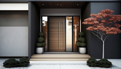 Modern luxury house front door with metal handle, big glass side panels and potted plant. Generative AI