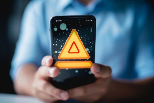 Businessman or it staff , programmer, developer using smart phone with triangle caution warning sign for notification error and maintenance concept. remote work by phone connection, Generative AI