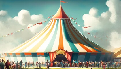 Huge colorful circus tent with waving flags on a sunny day with clouds. Generative AI - obrazy, fototapety, plakaty
