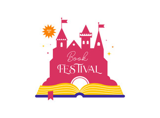 Book festival logo and background with open book and fairy tale castle