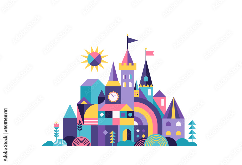 Wall mural colorful fairy tale castle flat vector illustration.