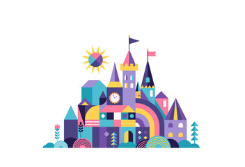 Obraz premium Colorful fairy tale castle flat vector illustration.