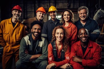 Employee Appreciation Day. Group of Team Workers of mixed races and genders enjoy working in factory standing together smiling, making a happy hand sign. Banner for labor day, labour day, worker day.