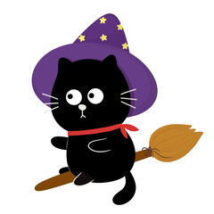 Cute witch cat riding on a magic broom