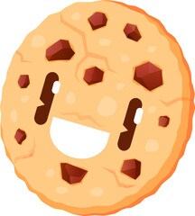 Cartoon cookie character with chocolate, dessert food with face, vector yummy sweets. Funny biscuit cookie with chocolate, kids funny pastry bakery emoji and confectionery cute emoticon with smile