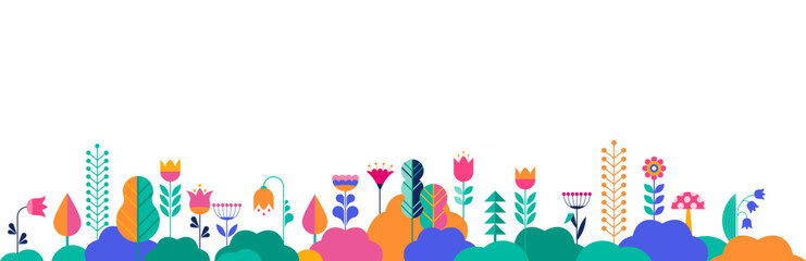 Colorful summer border in simple flat style with copy space for text - background with trees, plants and flowers - backdrop for greeting cards, posters, banners and flyers