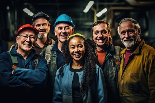 Group of Team Workers of mixed races and genders enjoy working in factory standing together smiling, making a happy hand sign. Banner for labor day, labour day, worker day. Created with generative ai