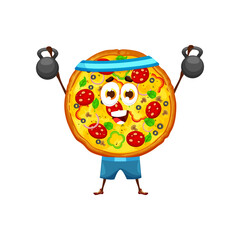 Cartoon pizza character with training weights. Fast food vector personage of italian pepperoni pizza lifting kettlebells, doing sport exercises with happy face. Cute emoji of pizzeria or gym