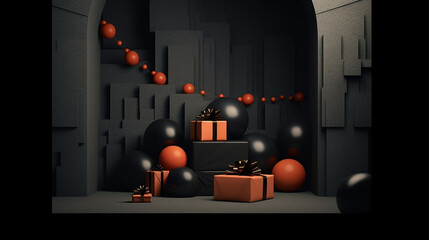AI generative image of a lot ob new gift box with black market atmosphere background 