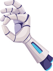 Robot hand showing ok good emoji gesture sign. Vector cyborg arm showing yes, future artificial technology cyborg droid mechanical prosthesis