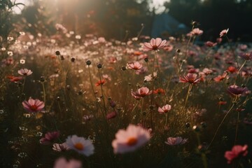 In the sunny morning, vivid poppies are blooming.