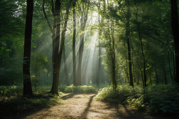 Fototapeta na wymiar A serene forest with sunlight streaming through the trees, mental health Generative AI