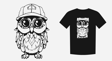 Intense monochrome cartoon of a wise owl. Ideal for prints, shirts, and logos. Symbolic of wisdom and education. Vector illustration.