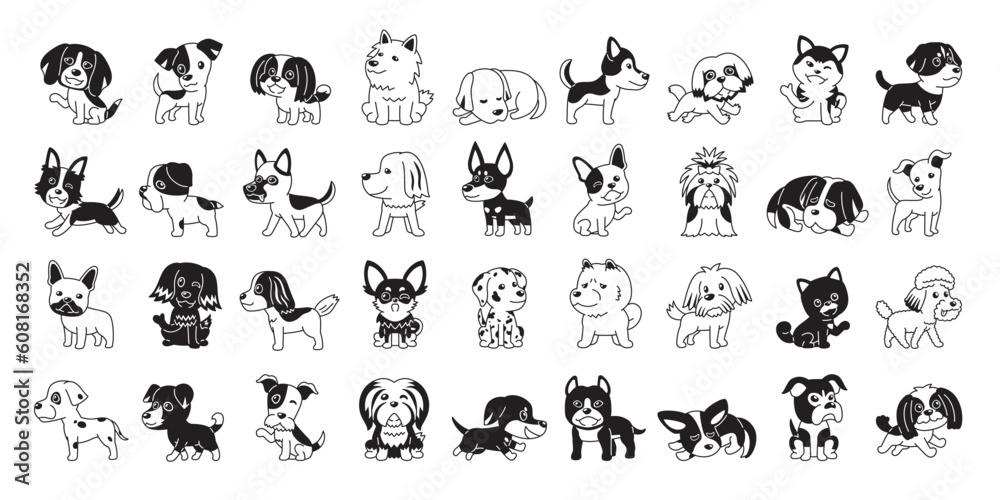 Wall mural different type of vector cartoon black and white color dogs for design. - Wall murals