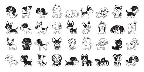 Different type of vector cartoon black and white color dogs for design.