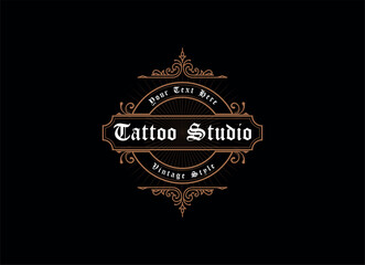 Vintage frame logo. Antique label. Suitable for tattoo studio, barber shop, whiskey label, wine, beer, brewing, salon, shop, signage.