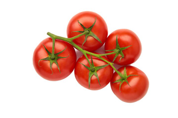 Bunch of fresh red tomatoes with green stems isolated on white background.